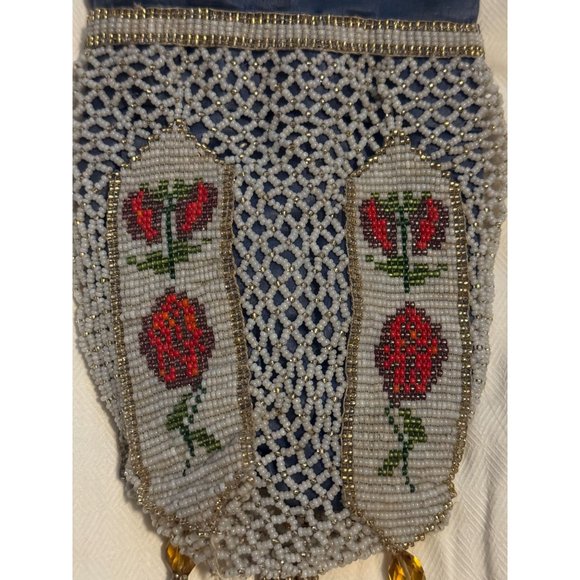 Antique Crocheted Beaded Glass Handbag Pouch Roses -AS IS